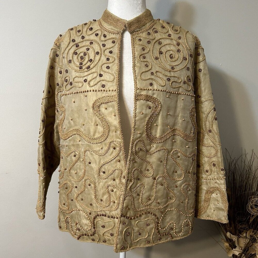VTG Brownstone Studio Jacket Art To Wear Embroidered 100% Silk Tan Beige Beads M